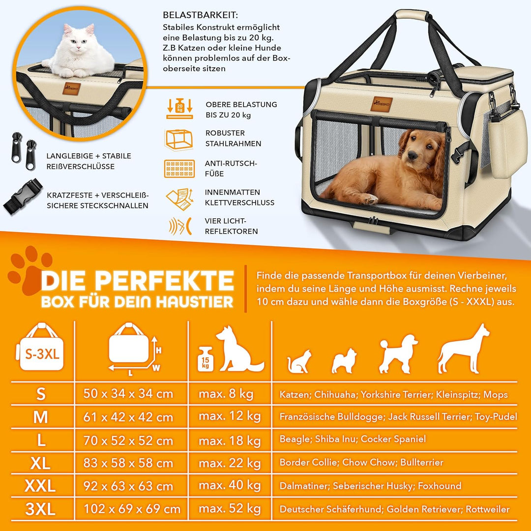 TRESKO® Hundebox faltbar inkl. Leckmatte, Spatel & Reflektoren M 61x42x42cm | Transportbox für Hunde