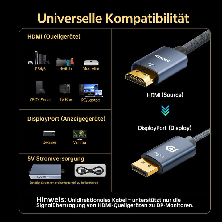 Aktives HDMI auf DisplayPort Kabel 2M - 8K@60Hz 4K@120 2K@240Hz, Unidirektional Von HDMI 2.1 Quelle
