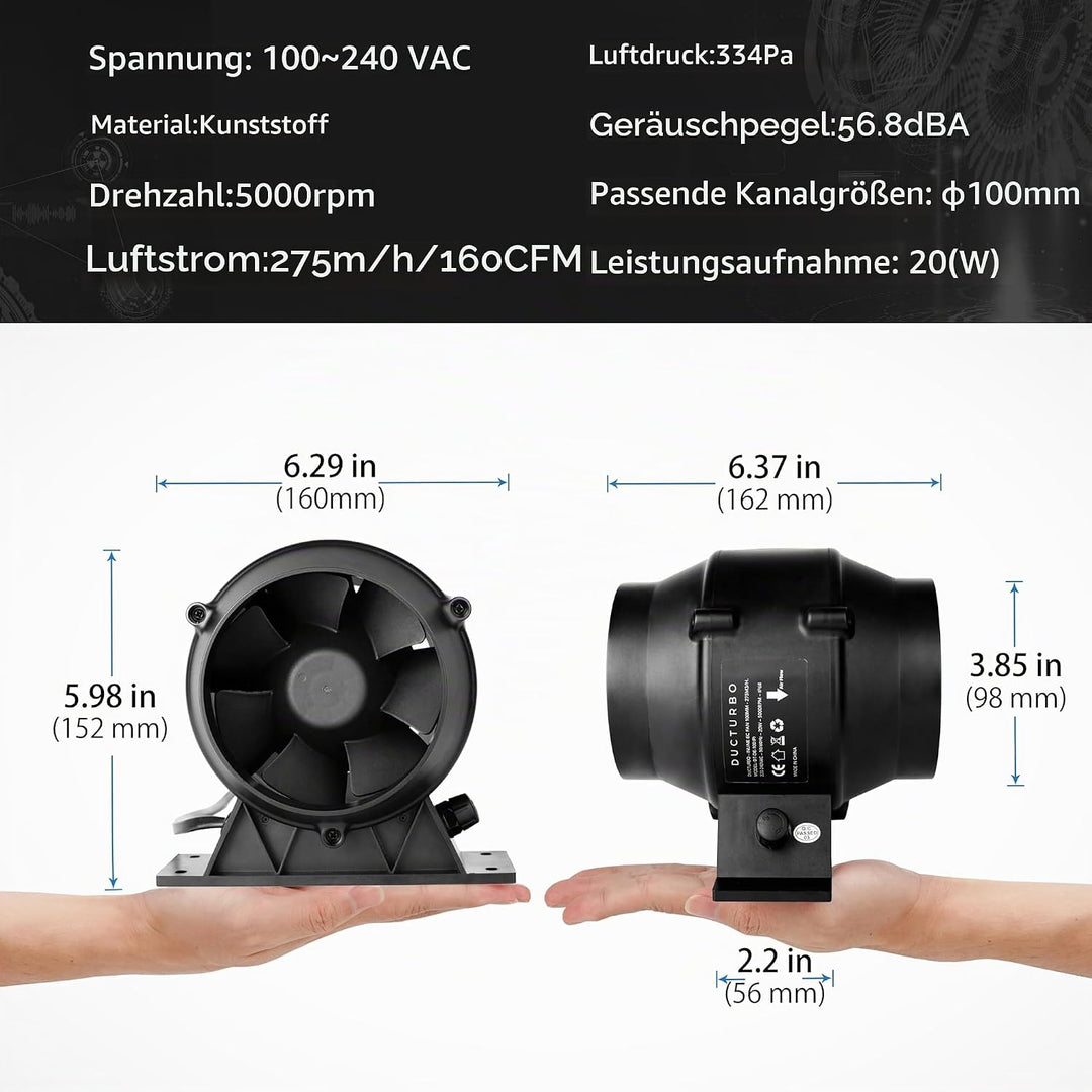 Rohrventilator 100mm Regelbar, 275m³/h Plastik Inline-Kanalventilator Abluftventilator Ideal Rohrlüf