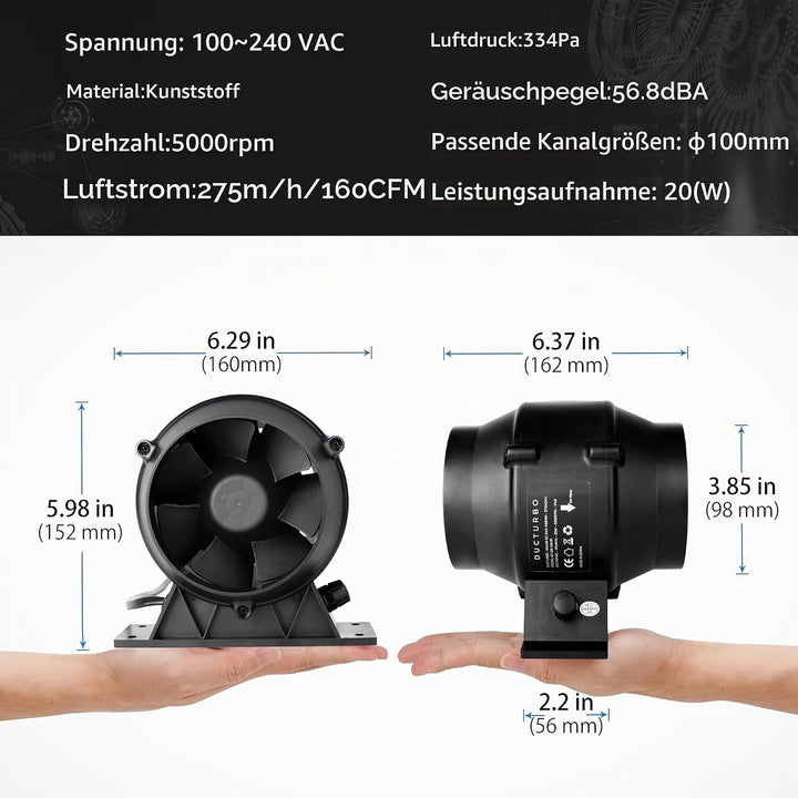 Rohrventilator 100mm Regelbar, 275m³/h Plastik Inline-Kanalventilator Abluftventilator Ideal Rohrlüf