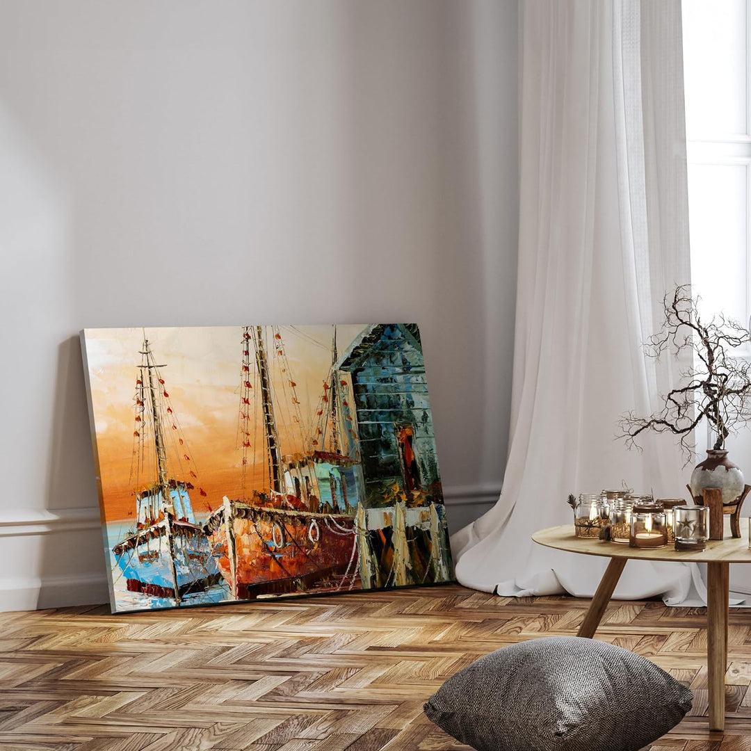 wandmotiv24 Leinwandbild Malerei, 100x75cm, Querformat, Boote, Meer, Deko, Bilder auf Leinwand, Wand