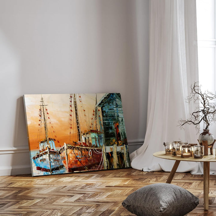 wandmotiv24 Leinwandbild Malerei, 100x75cm, Querformat, Boote, Meer, Deko, Bilder auf Leinwand, Wand