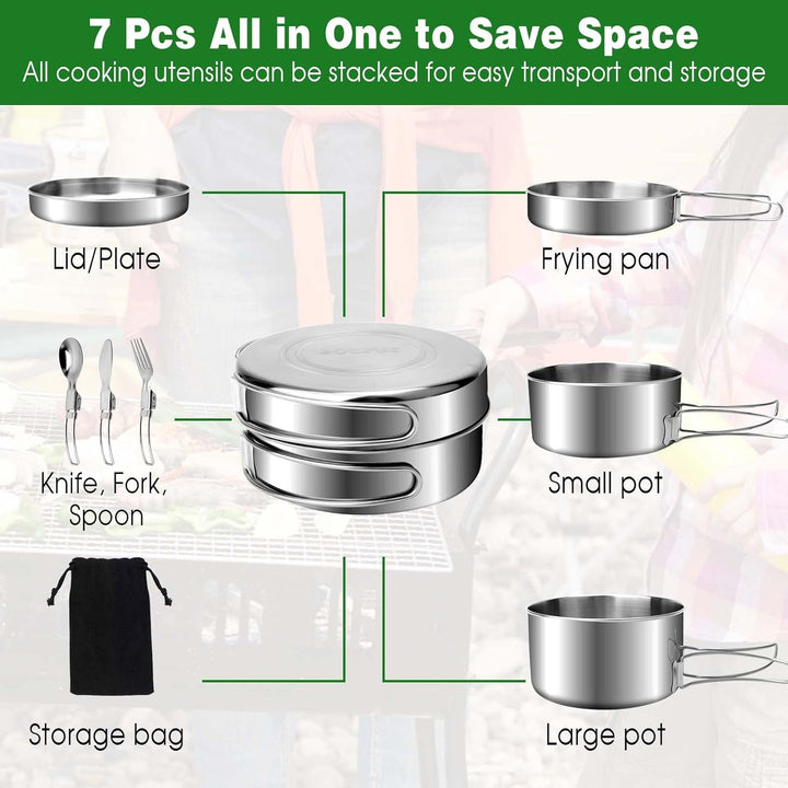 7 St¨¹ck Edelstahl Camping Kochgeschirr Set, Outdoor Kochgeschirr mit Faltbare Besteck, 1-2 Personen