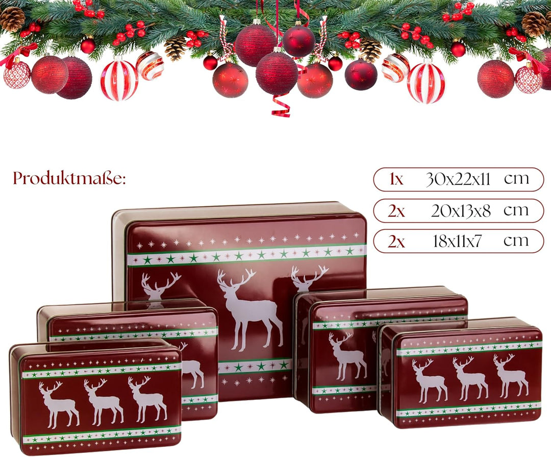 Brandsseller 5er Set Keksdose rechteckig Weihnachtsdose Plätzchendose Gebäckdose Metall Rentier 5er