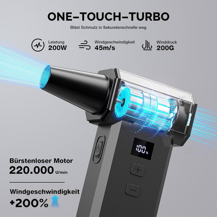 MECO ELEVERDE Elektrische Staubgebläse, 220.000 U/Min, 100-Gang mit LED-Display Akku Air Duster, Dru