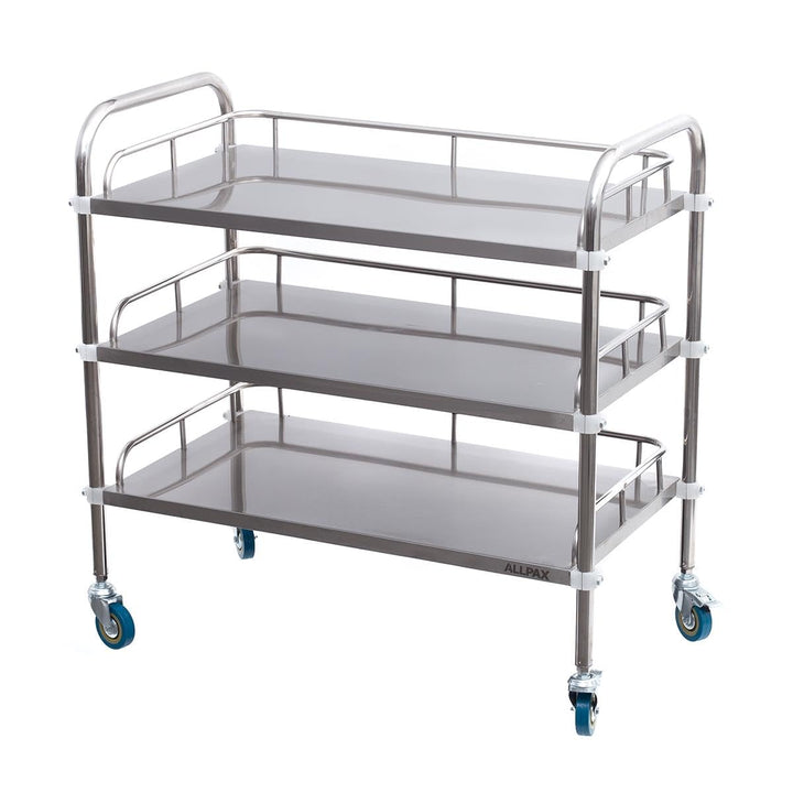 Allpax Labor-Rollwagen aus Edelstahl mit 3 Ablagen und Lenkrollen, 800 x 480 x 860 mm, ca. 135 kg Tr