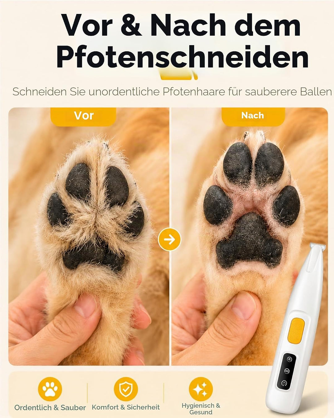 Pfotentrimmer für Hunde & Katzen mit LED-Licht – 18 mm breite Klinge, 35 dB leise, LED-Anzeige, wass