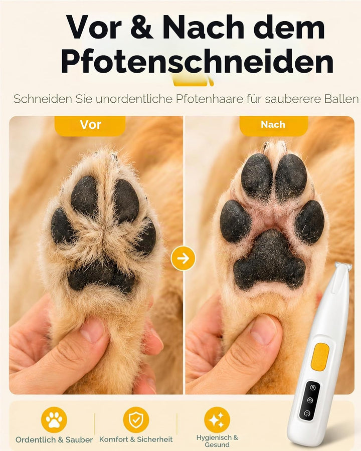 Pfotentrimmer für Hunde & Katzen mit LED-Licht – 18 mm breite Klinge, 35 dB leise, LED-Anzeige, wass