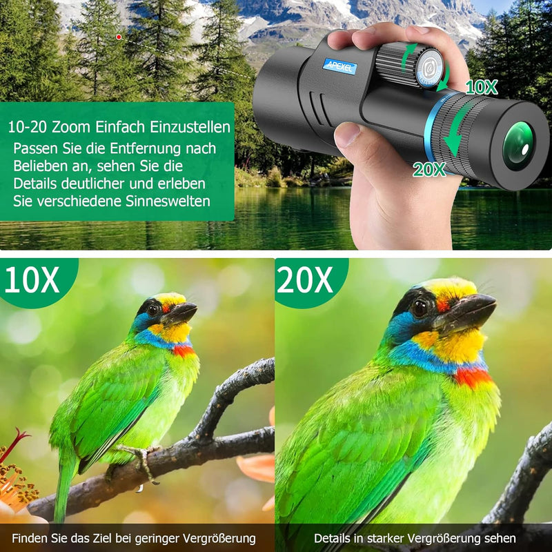 APEXEL 10-20X50 Optischer Zoom Monocular Telescope,HD Monokulare Fernrohr Erwachsene, BAK4/FMC Wasse