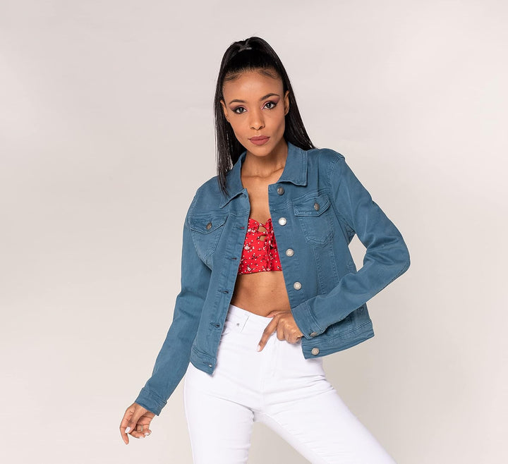Nina Carter J212 Damen Slim-Fit Jeansjacke – Farbige Übergangsjacke mit Kent-Kragen und Taschen – Fr
