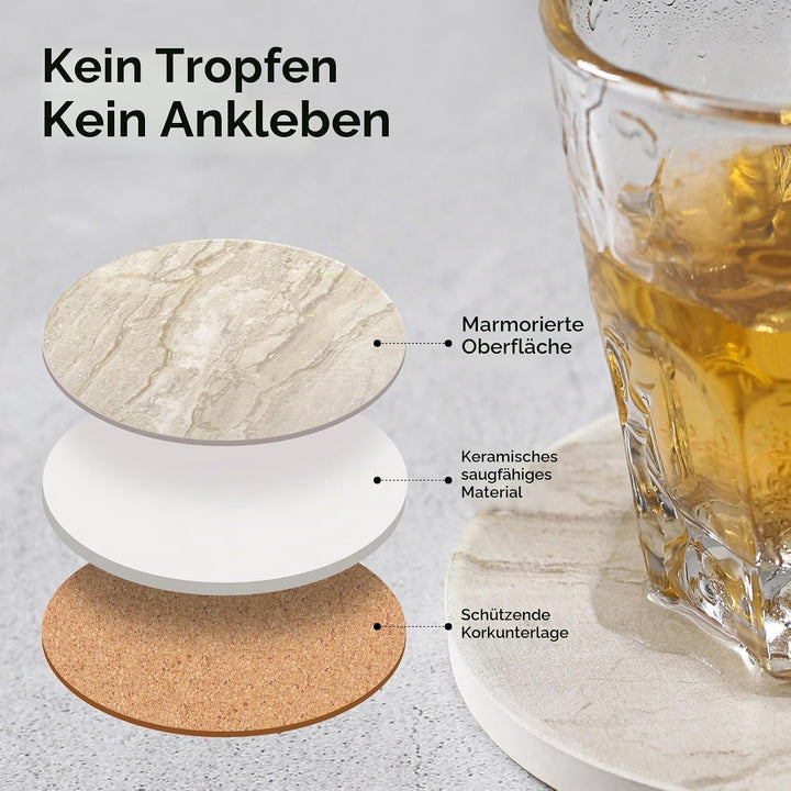 Untersetzer Gläser, Keramik untersetzer 6er Set, Saugfähig Kork Keramik Glasuntersetzer mit Halter f