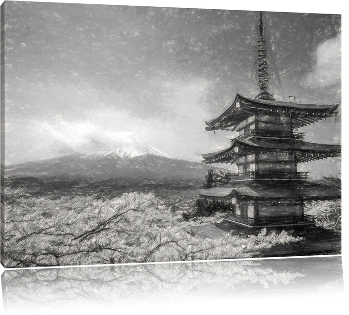 Pixxprint Mount Fuji in Japan Kohle Effekt, Format: 100x70 auf Leinwand, 100x70