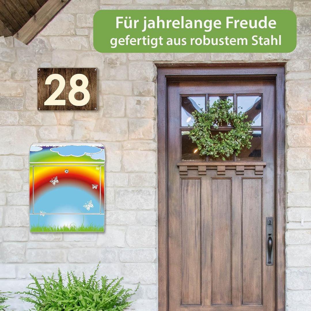 banjado® Design Briefkasten mit Motiv Regenbogen 39x47x14cm &amp; 2 Schlüssel - Briefkasten Stahl weiss