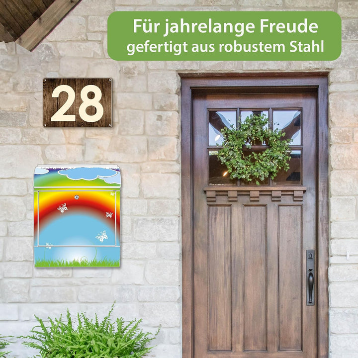 banjado® Design Briefkasten mit Motiv Regenbogen 39x47x14cm &amp; 2 Schlüssel - Briefkasten Stahl weiss