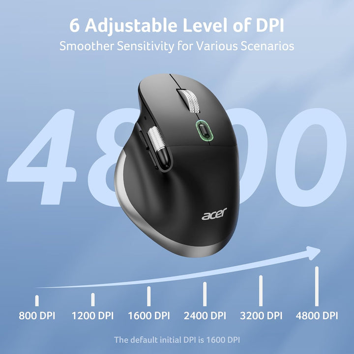 acer Dual-Mode Maus Kabellos mit Seitencrollrad (BT5.2+2,4G), 4800 DPI Bluetooth Maus mit 6 DPI-Stuf