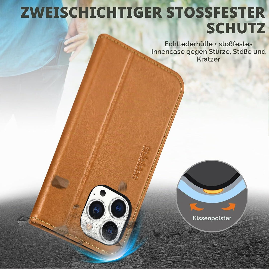 SHIELDON Hülle für iPhone 14 Pro Max Schutzhülle [Rindsleder] [Stossfest ] [Kartenfach] [Magnetversc