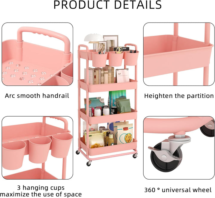 JIUYOTREE Rollwagen mit 4 Ebenen, Kunststoff, mit extra hängenden Griffen, feststellbare Räder für W