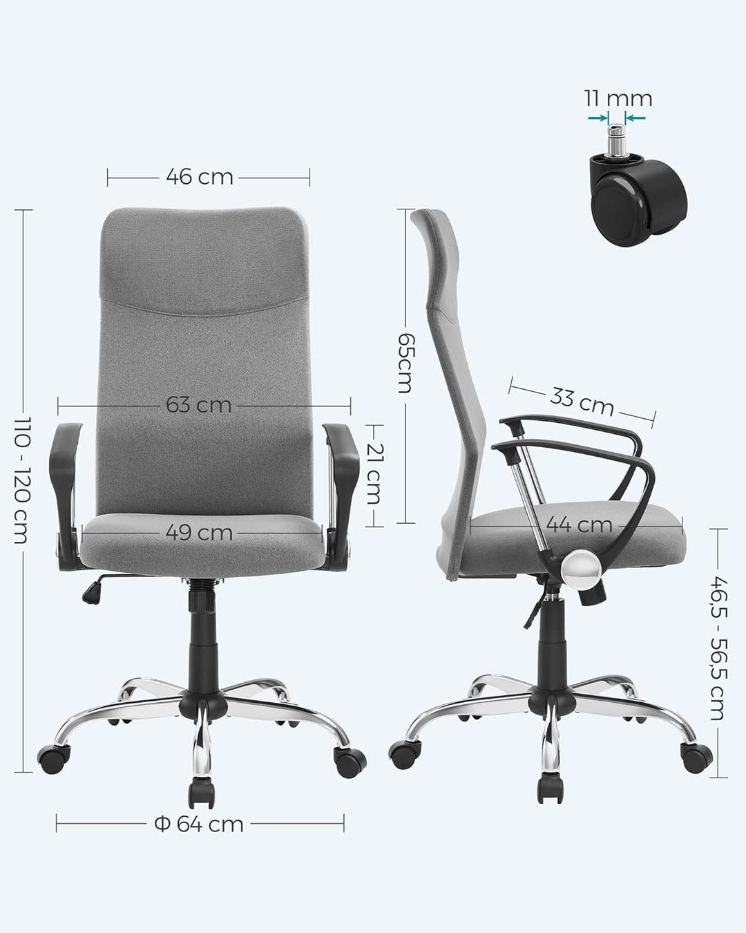 SONGMICS Bürostuhl, ergonomischer Schreibtischstuhl, Drehstuhl, gepolsterter Sitz, Stoffbezug, höhen