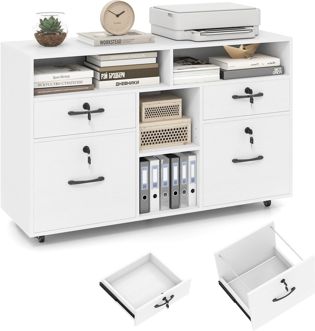 KOMFOTTEU Aktenschrank mit Rollen, Rollcontainer abschliessbar mit 4 Schubladen, Bürowagen mit verst