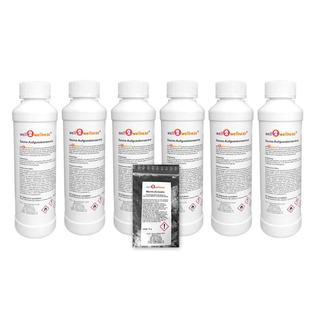 well2wellness® Saunaaufguss - Konzentrate Set ‘Frucht‘ mit 6 x 250 ml + gratis 10g Mentholkristalle