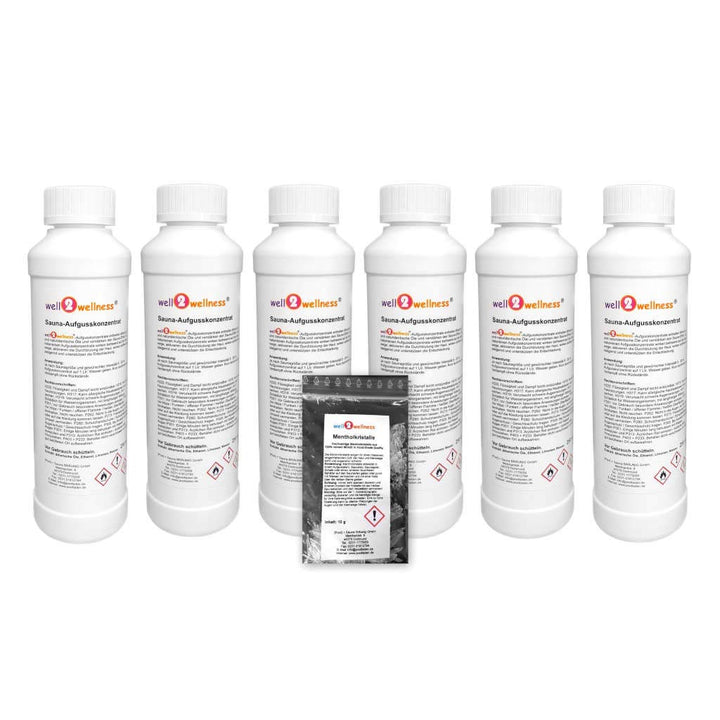well2wellness® Saunaaufguss - Konzentrate Set ‘Frucht‘ mit 6 x 250 ml + gratis 10g Mentholkristalle