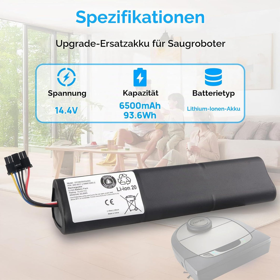 14,4 V 6500 mAh Akku Kompatibel mit Neato Botvac D3 D4 D5 D6 D7 D3+ D301 D303 D5+ D502 D503 D701 D70