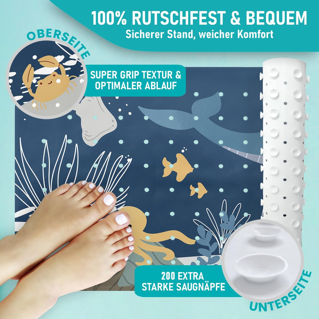 Badewannenmatte 100x40 cm Wasserwelt Blau | Badematte rutschfest | Inkl. Aufhängung | Schimmelresist