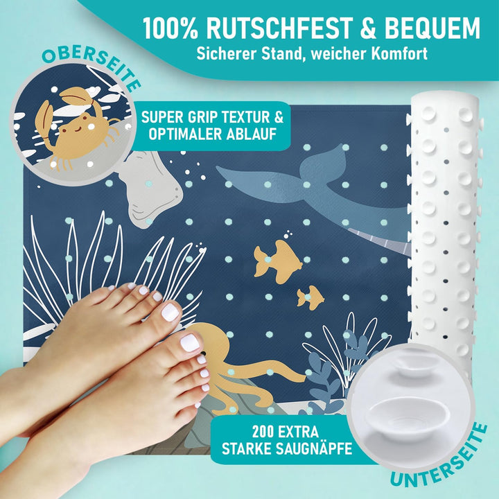 Badewannenmatte 100x40 cm Wasserwelt Blau | Badematte rutschfest | Inkl. Aufhängung | Schimmelresist