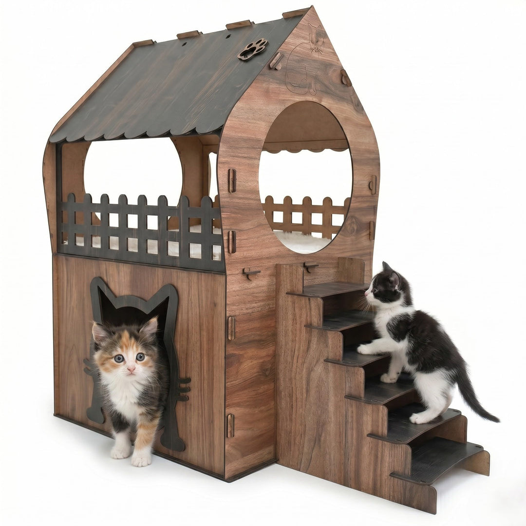 Zweistöckiges MDF Katzenhaus – Braun &amp; Dunkelbraun – Werkzeugloser Aufbau – Grössen XL, XXL, 3XL (Br