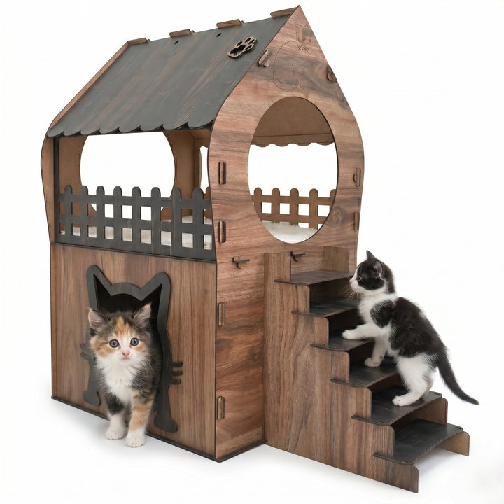 Zweistöckiges MDF Katzenhaus – Braun &amp; Dunkelbraun – Werkzeugloser Aufbau – Grössen XL, XXL, 3XL (Br