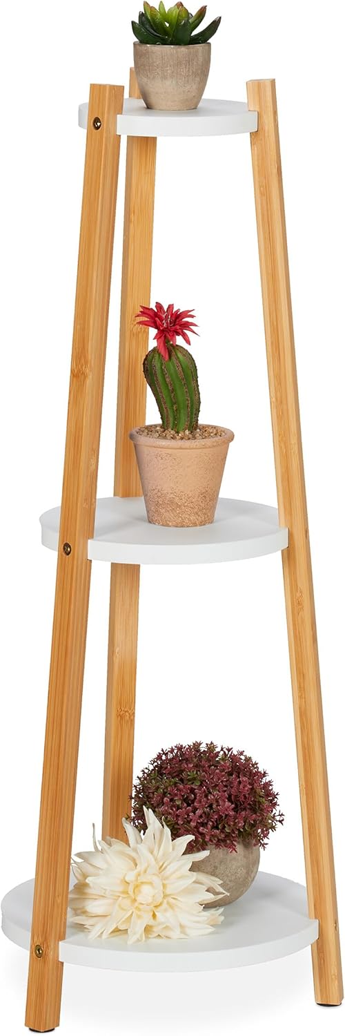 Relaxdays, weiss/Natur Pflanzenständer rund, 3 Ablagen, Blumenständer für innen, Bambus, MDF, HxD 73