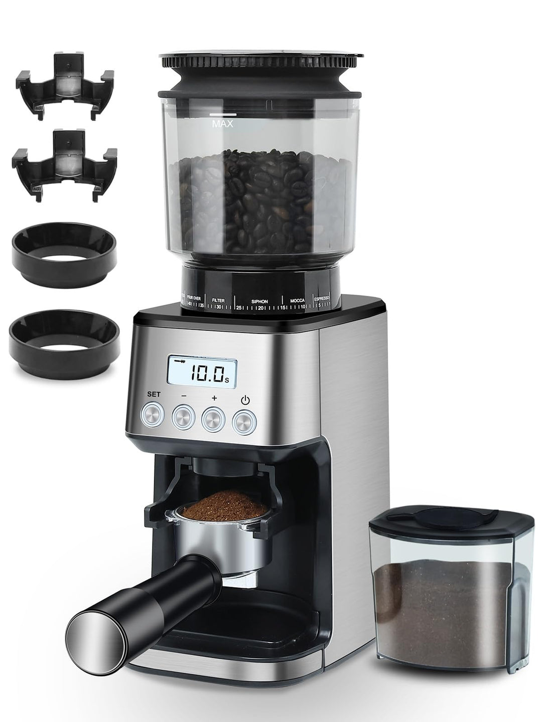Homtone Kaffeemühle Elektrisch für Siebträger und Behälter, 51 Mahlstufen Kaffeemühle Siebträger Ele