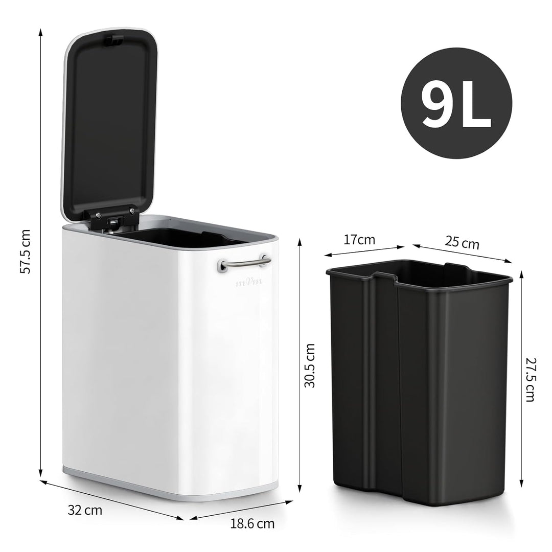 mVm Mülleimer Bad 9L, Abfalleimer Edelstahl, Handbetätigter, Weiss | Soft-Close, Herausnehmbarem Inn