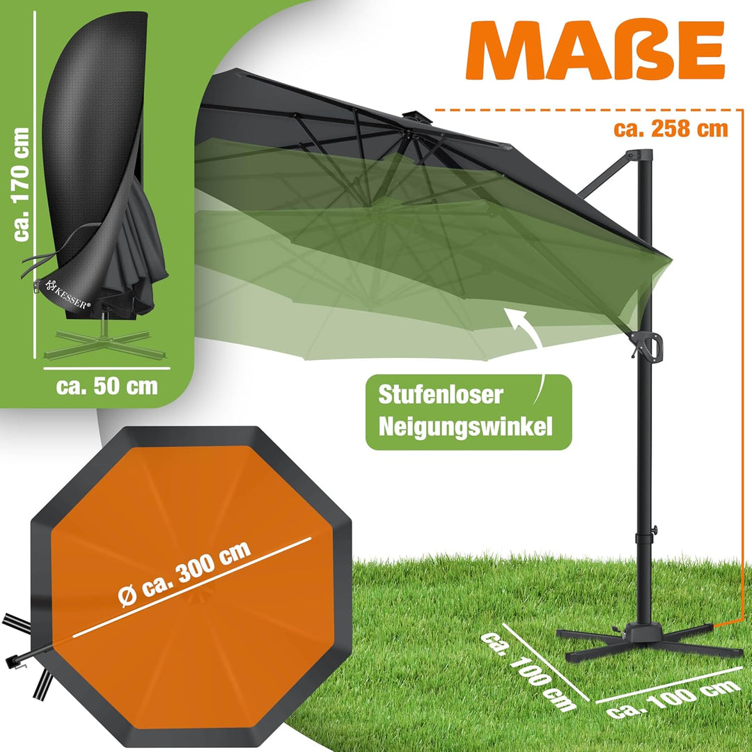KESSER® Sonnenschirm Ampelschirm Sun Rund XL Ø330 cm Inkl. Abdeckung + Windsicherung 7-Fach Verstell