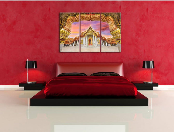 Pixxprint Marmortempel von Bangkok / 3-Teilig/Gesamtmass 120cm Leinwandbild bespannt auf Holzrahmen/