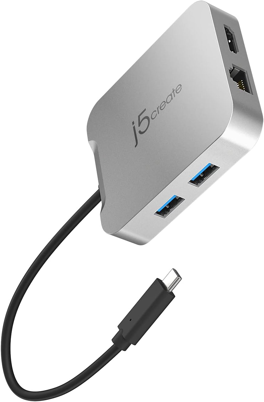 j5create USB C Hub [Funktioniert mit Chromebook Certified] - 4K 60Hz HDMI, 100W PD, 2 x USB-A, Ether