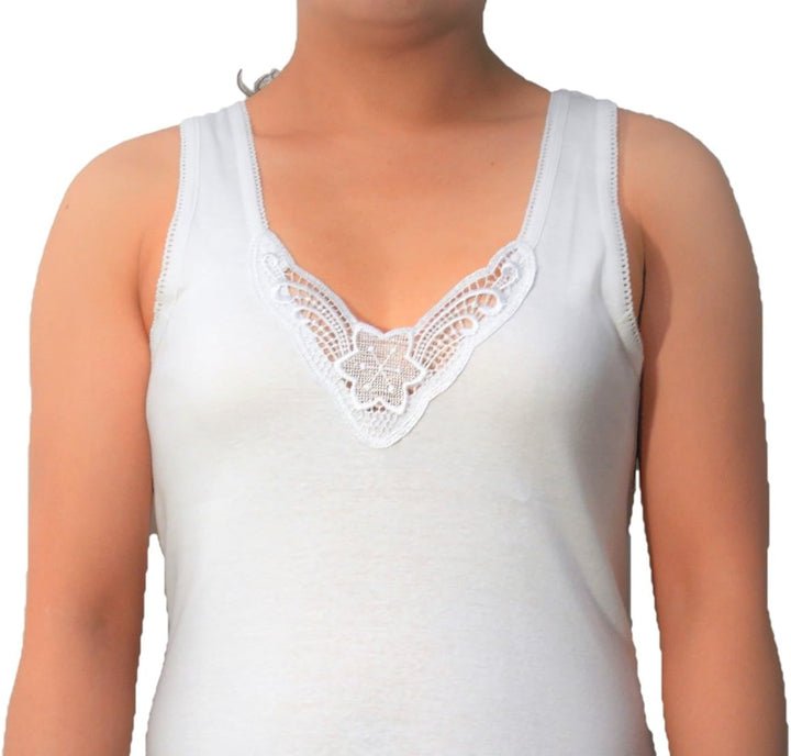 4 | 8 Stück Damen Unterhemden - Tank Top in Weiss extra-lang mit schöner Spitze aus 100% gekämmte Ba