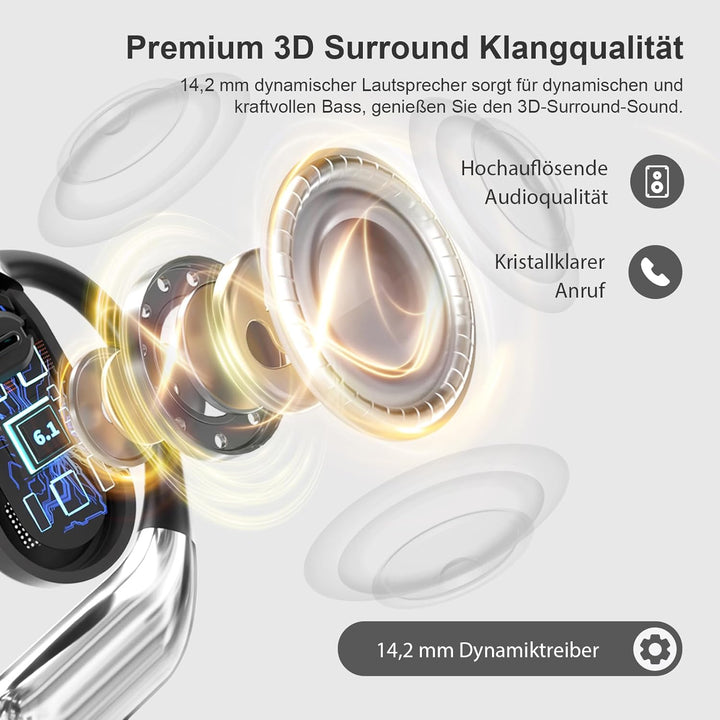 Open Ear Bluetooth 6.1 KI Kopfhörer 50Std Sport Headphones mit Flexiblem Ohrhaken 4 ENC Noise Cancel