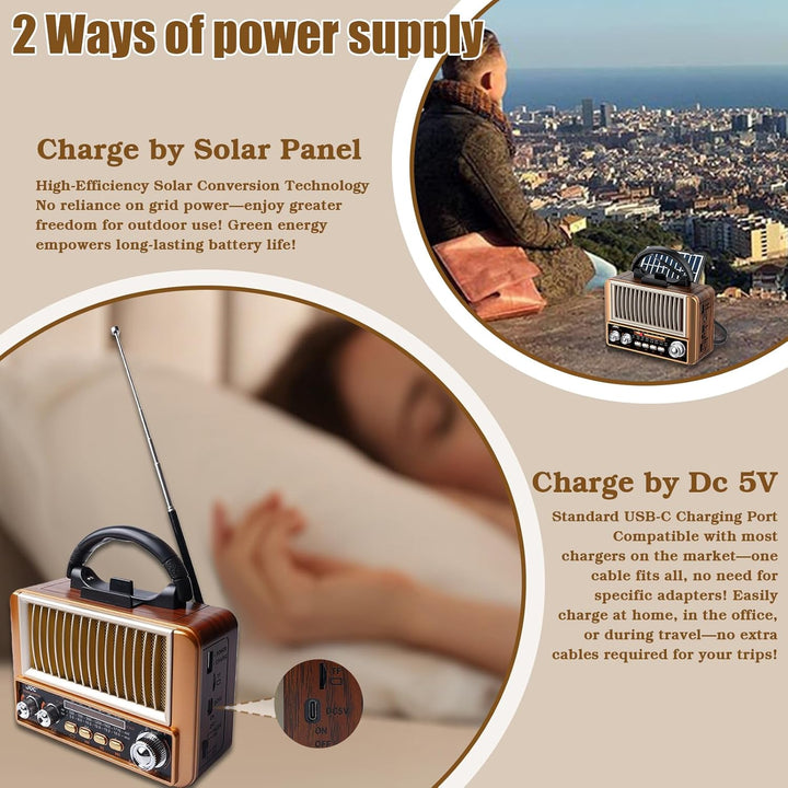 Tragbare Solar Retro Radio, Nostalgie Radio Mit Bluetooth, Am/Fm/Sw Radios,Einfache Bedienung, Hochw