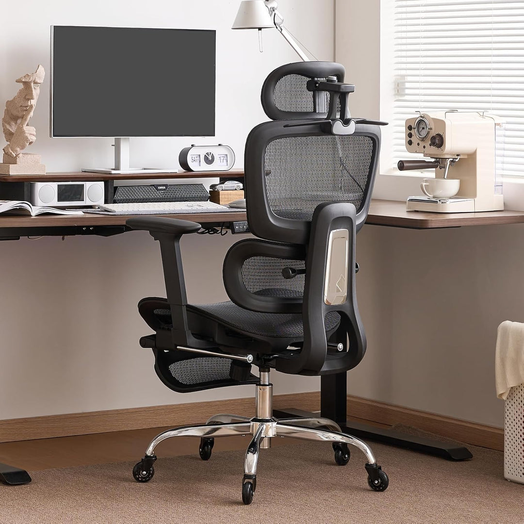 Ergonomischer Bürostuhl mit Fussstütze &amp; Nackenkissen, 5-Fach Höhenverstellbare Rückenlehne, 2D Lord