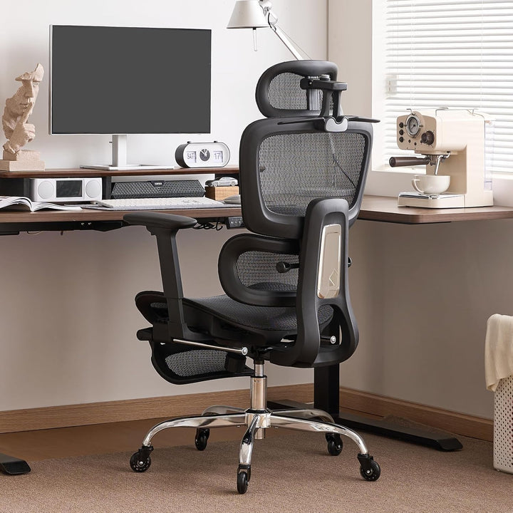 Ergonomischer Bürostuhl mit Fussstütze &amp; Nackenkissen, 5-Fach Höhenverstellbare Rückenlehne, 2D Lord