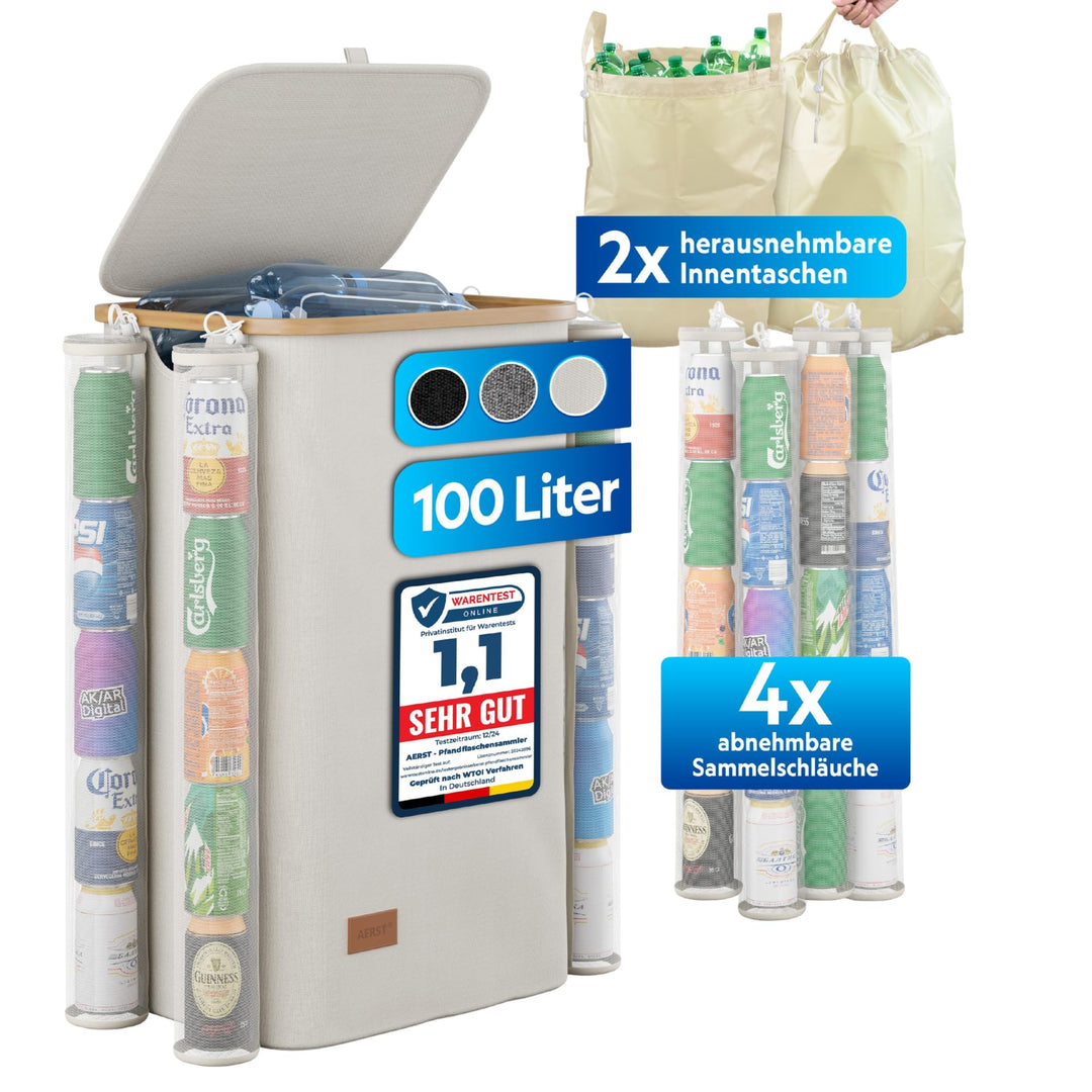 Pfandflaschen Sammelbehälter mit Deckel und Kordelzug - 100L, 1 Fach, 2x Tragetasche für PET Flasche