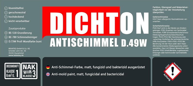 DICHTON Anti Schimmel Farbe 2,5l weiss matt - Feuchtraumfarbe, Antischimmelfarbe, Wandfarbe mit hohe