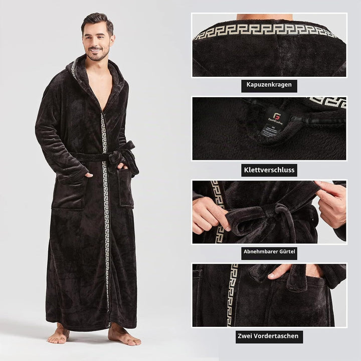 FashGudim Herren Kapuzenplüschbademantel in voller Länge. Flauschiger Bademantel für grosse und kräf