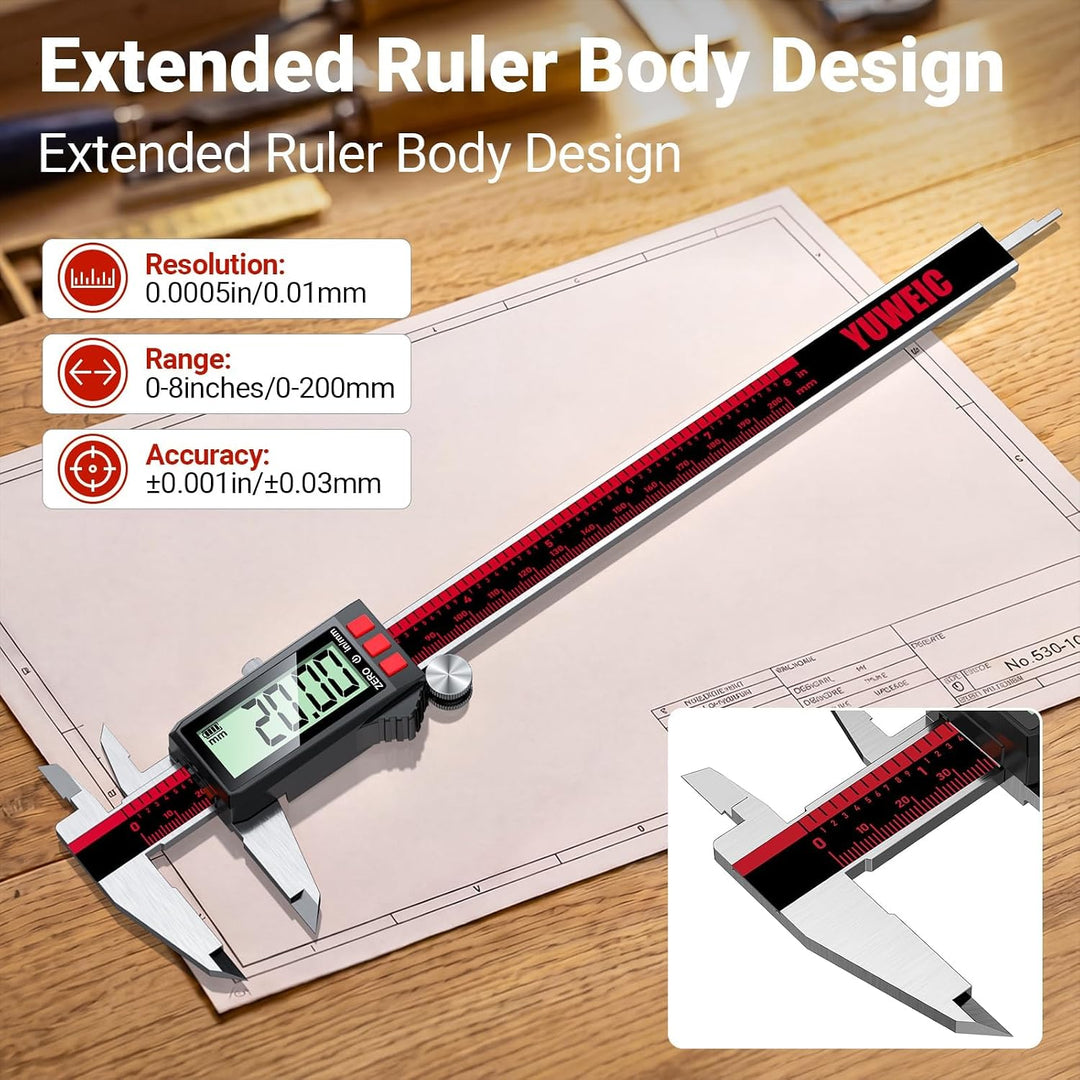 Wiederaufladender digitaler Messschieber 200MM/8 Zoll, Messschieber mit LCD-Bildschirm, Zoll/MM, Ede