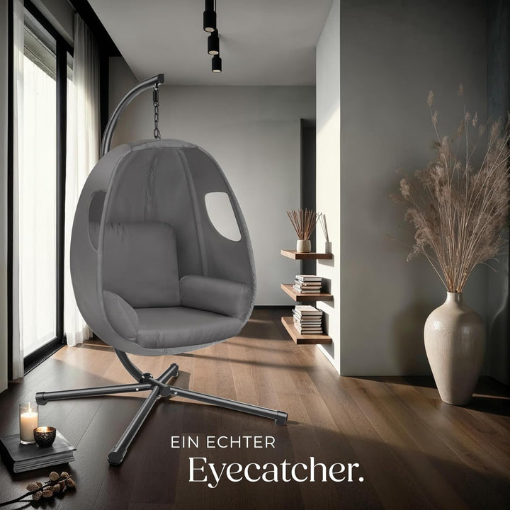 tectake® Hängesessel mit Gestell, Indoor oder Outdoor, Schaukel Sessel mit Kissen + Rückenkissen, Sc