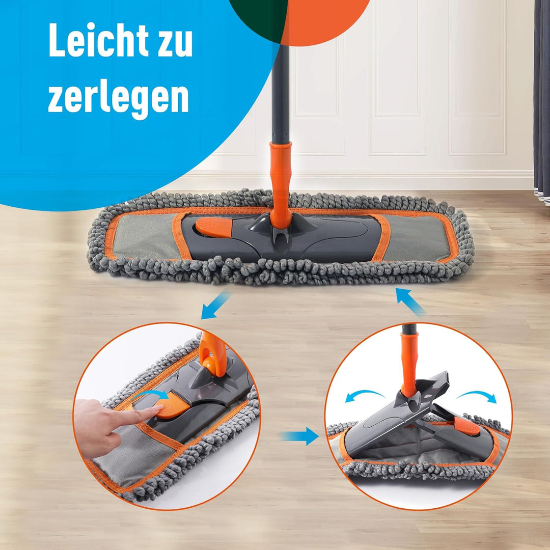 Bodenwischer Set mit 2 Waschbare Fasermopp-Pads und Ausziehbaren Langen Stiel（113-141CM）, Wischmopp