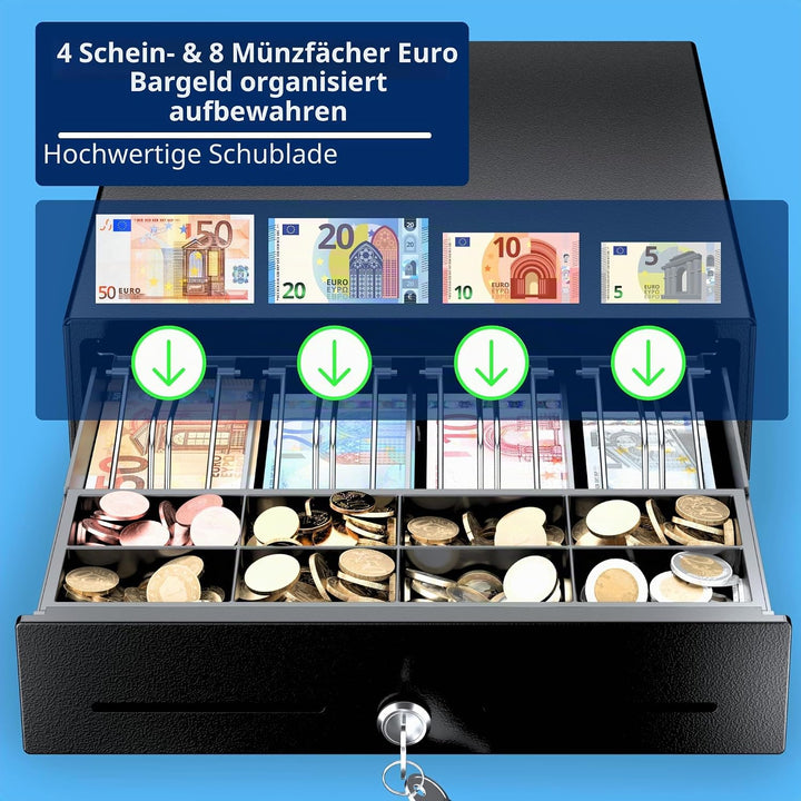 Automatische Kassenschublade 33x33cm, 4 Geldschein-/8 Münzfächer, RJ11/Schlüssel-Öffnung, Ideal für