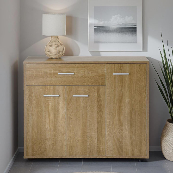 CARO-Möbel Sideboard Estelle Mehrzweckschrank, Sonoma Eiche mit 3 Türen und 1 Schublade, 88 cm breit