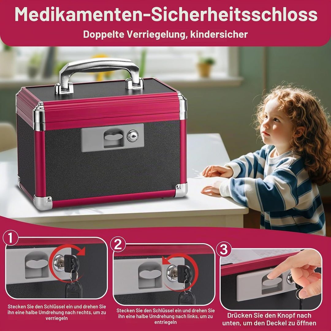 Medikamenten Aufbewahrung, 25.4 x 15.2 x 17 cm Medikamentenbox mit Tragbarer Griff, Kindersichere Me